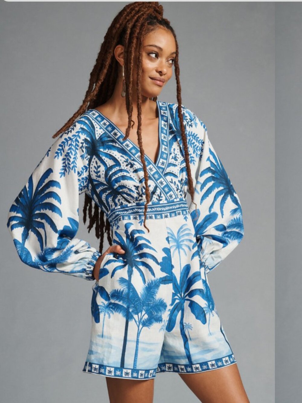 FARM Rio Anthropologie Long-Sleeve Printed Romper Oasis Blue Size M NWOT